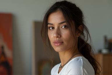 Portrait of contemporary visual artist Anya Sharma in her studio.