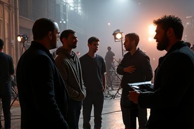 Filmmakers on a movie set discussing a scene, representing the 'Crafting Cinema' documentary.